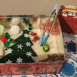 Christmas sensory bin add ins wood snowman gingerbread snowflake tree